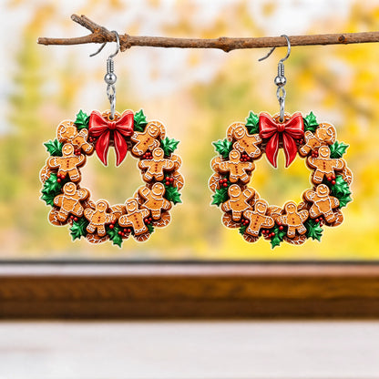 Gingerbread Man Christmas Wreath Earrings