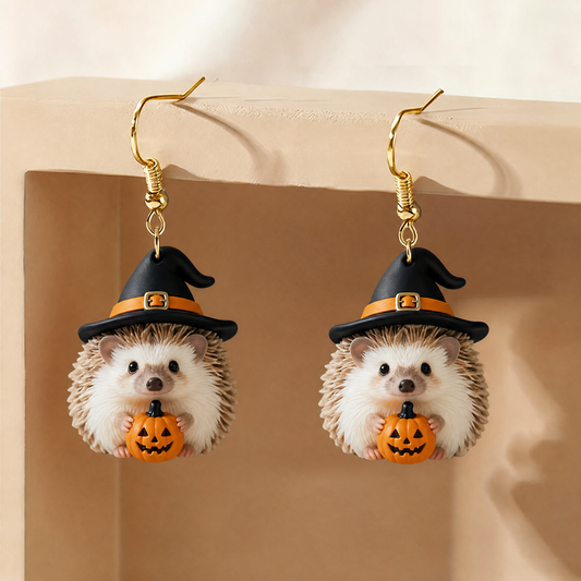 Hedgehog Witch Hat Holding Jack O Lantern Cute Halloween Earrings