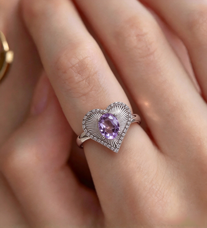 Heart Shape Amethyst Ring, S925 Adjustable Ring