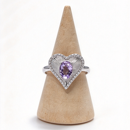 Heart Shape Amethyst Ring, S925 Adjustable Ring