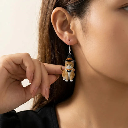 Halloween Witch Orange Tabby Cat Bat Collar Dangle Earrings