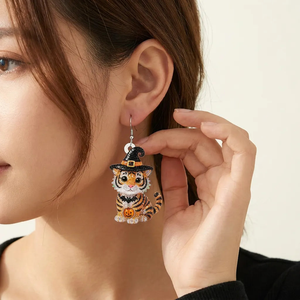 Sparkly Rhinestone Tiger Witch Hat Pumpkin Halloween Party Earrings