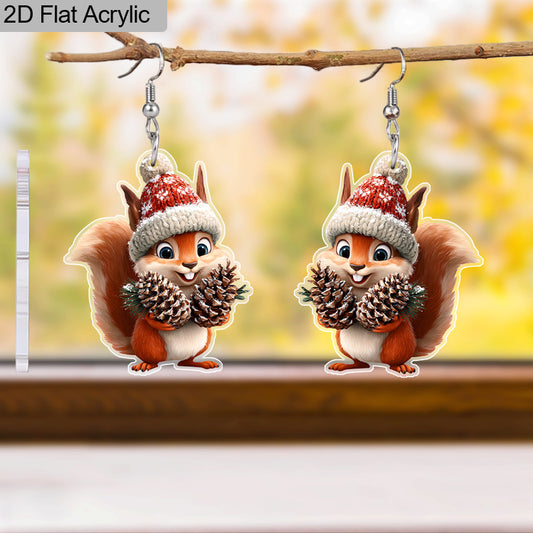 Cute Red & White Christmas Hat Squirrel Earrings with Pine Cone
