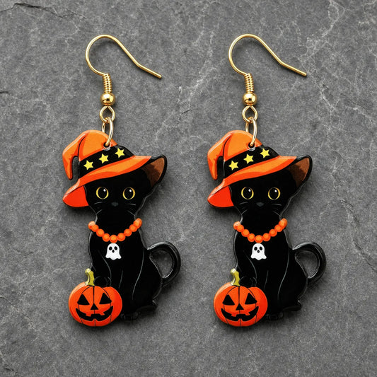 Vintage Halloween Black Cat Dangle Earrings