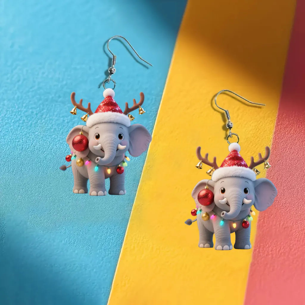 Christmas Cute Elephant with Santa Hat Earrings