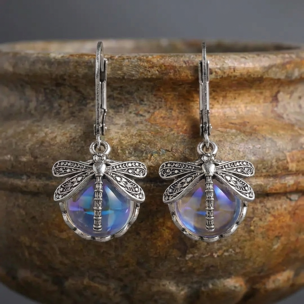 Spherical Dragonfly Earrings in Antique Silver