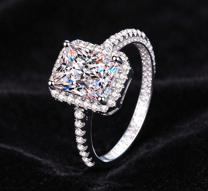 Sparkling Radiant Cut Moissanite Halo Engagement Ring, 925 Sterling Silver Paved Shiny Band Wedding Promise Ring for Women