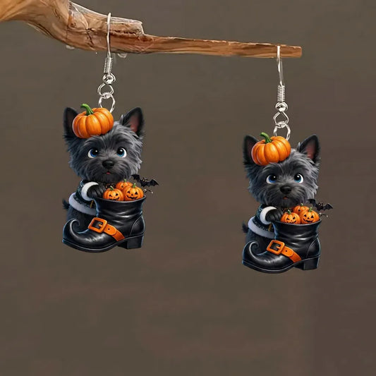 Scottie Dog Witch Boot Mini Pumpkins Bat Halloween Earrings