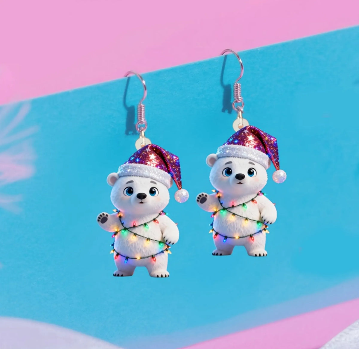 Christmas Cute Polar bear with Santa Hat & Twinkling Earrings