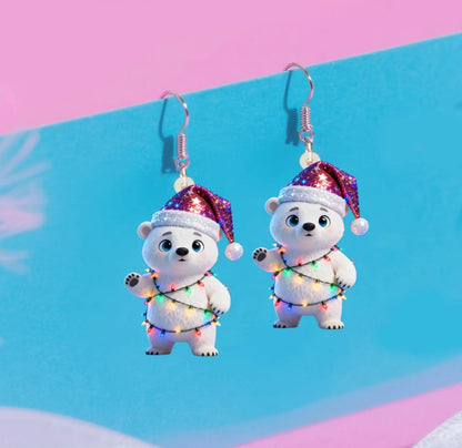 Christmas Cute Polar bear with Santa Hat & Twinkling Earrings