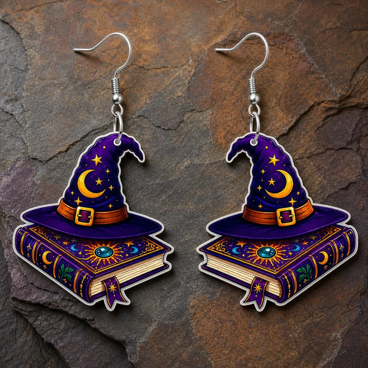 Vintage Witch Hat Spellbook Acrylic Dangle Earrings