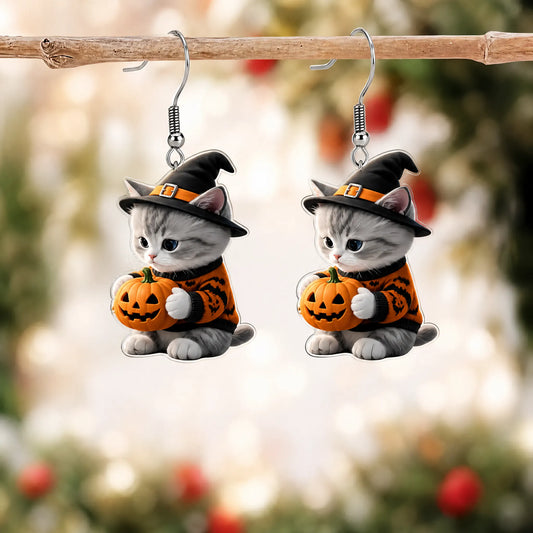 Tabby Cat In Pumpkin Sweater Witch Hat Halloween Earrings