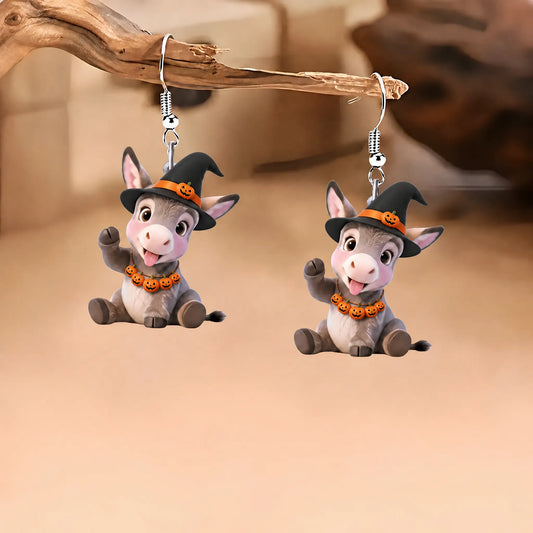 Cute Witch Donkey Pumpkin Garland Halloween Earrings