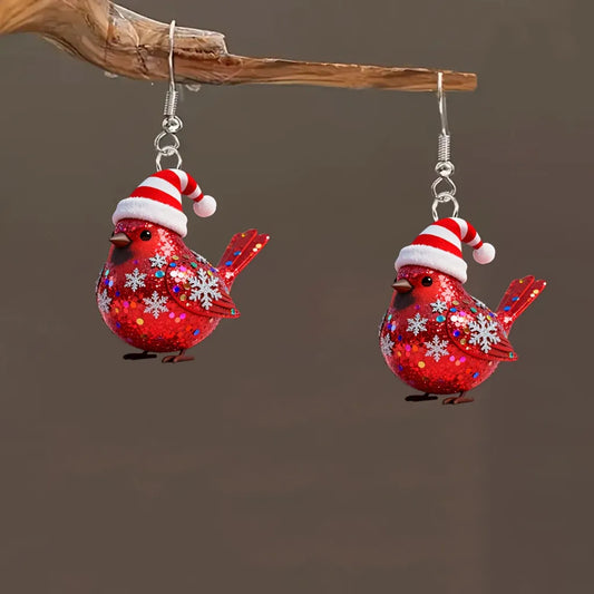 Christmas Red Bird Earrings - with Red & Snowflake Design