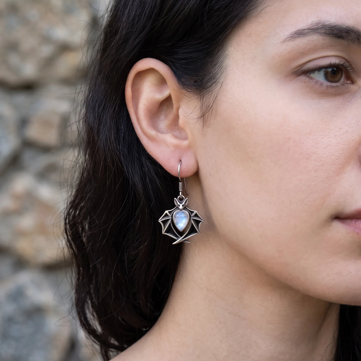 Vintage Bat Moonstone Teardrop Dangle Earrings