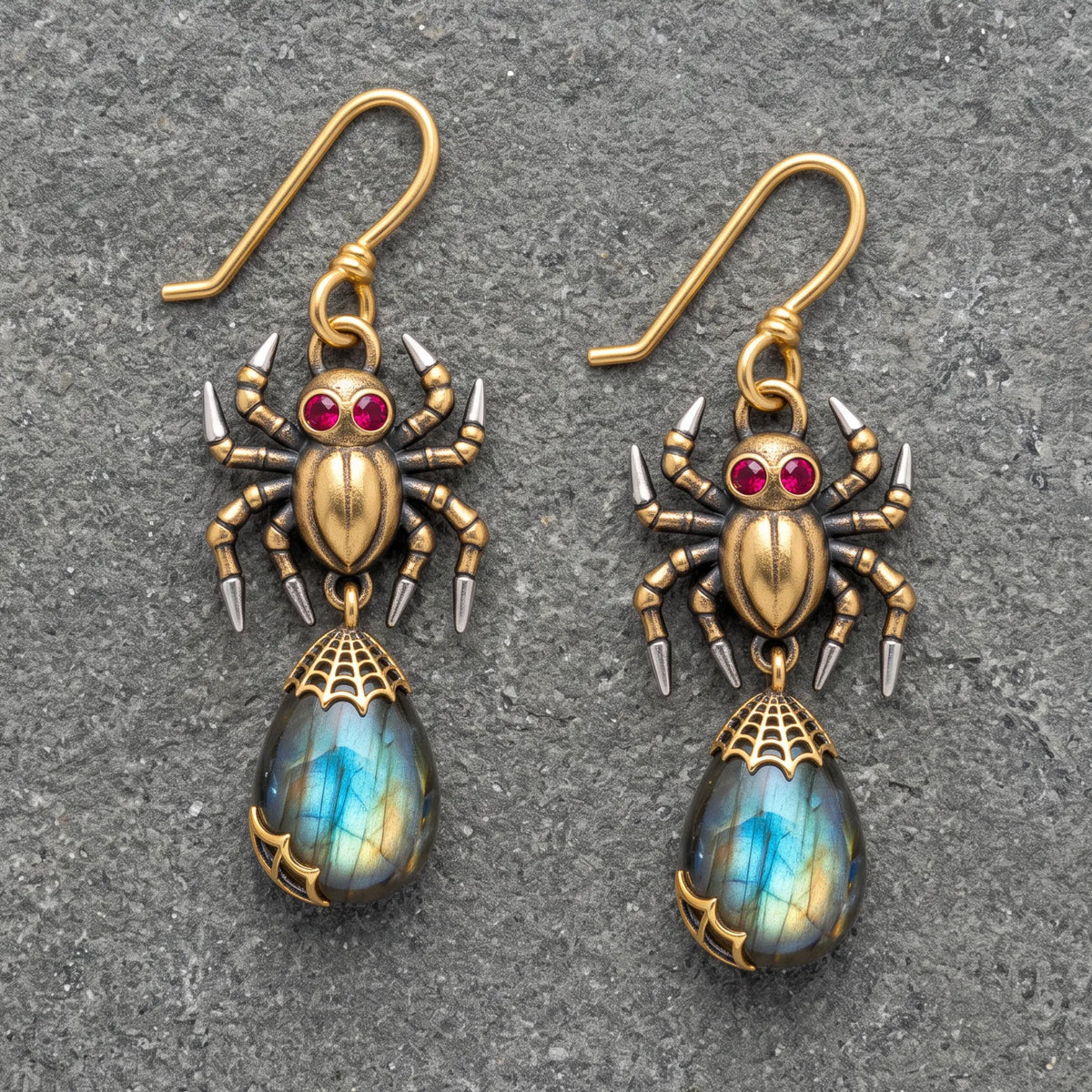 Vintage Gothic Spider Labradorite Dangle Earrings