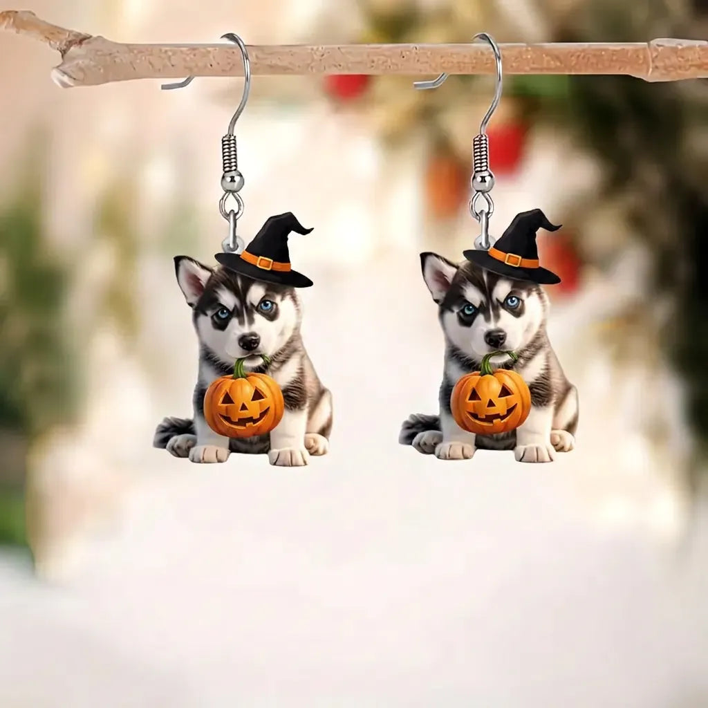 Husky Puppy Witch Hat Bite Jack O Lantern Pumpkin Halloween Earrings