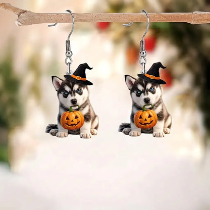 Husky Puppy Witch Hat Bite Jack O Lantern Pumpkin Halloween Earrings
