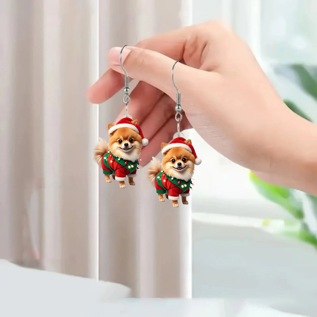 Charming Christmas Pomeranian Pattern Earrings