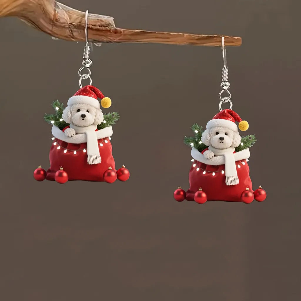 Christmas Cute Poodle in Santa Hat & Scarf Acrylic Earrings