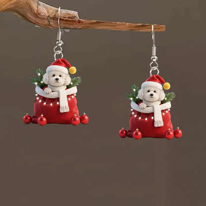 Christmas Cute Poodle in Santa Hat & Scarf Acrylic Earrings