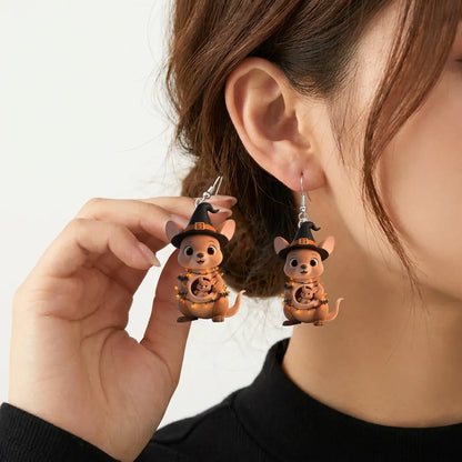 Mommy Kangaroo With Baby Joey Witch Hat Halloween Earrings