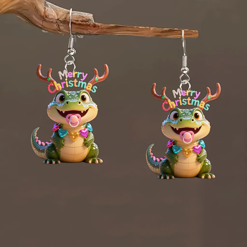 Christmas Green Crocodile Earrings with Pink Hearts & Golden Bubbles