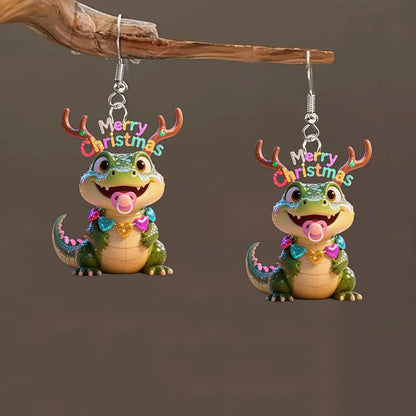 Christmas Green Crocodile Earrings with Pink Hearts & Golden Bubbles