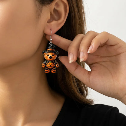 Glitter Teddy Bear Witch Hat Bat Pumpkin Outfit Halloween Earrings