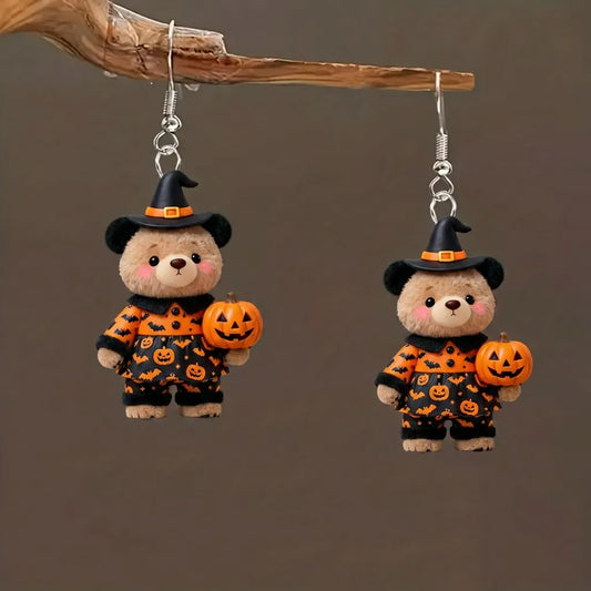 Cute Bear Witch Hat Bat Pumpkin Halloween Acrylic Earrings