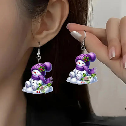 Christmas Purple Hat Snowman Earrings