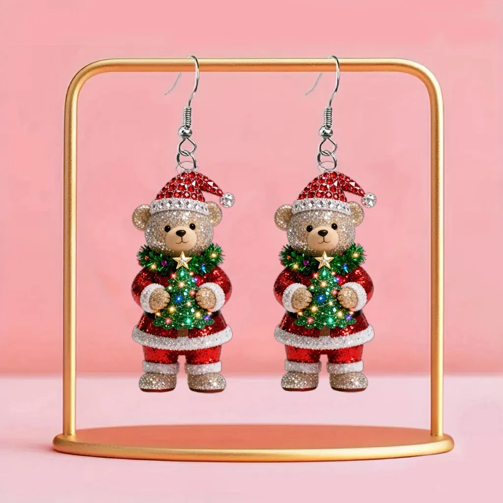 Christmas Cute Bear Holding Christmas Tree Earrings