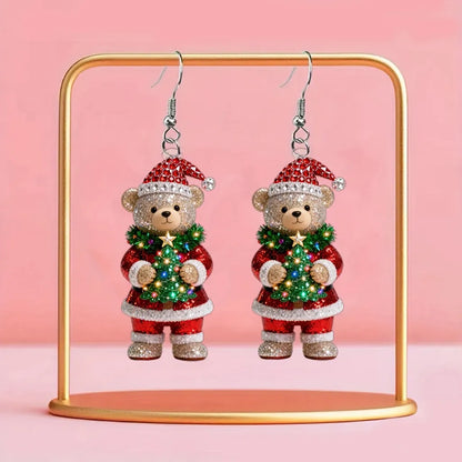 Christmas Cute Bear Holding Christmas Tree Earrings