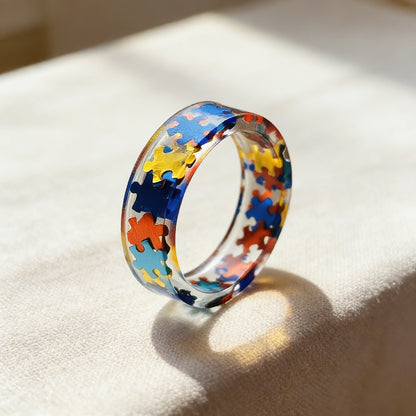 Autism Awareness-Transparent Resin Puzzle Ring - Shipped after 4 Weeks