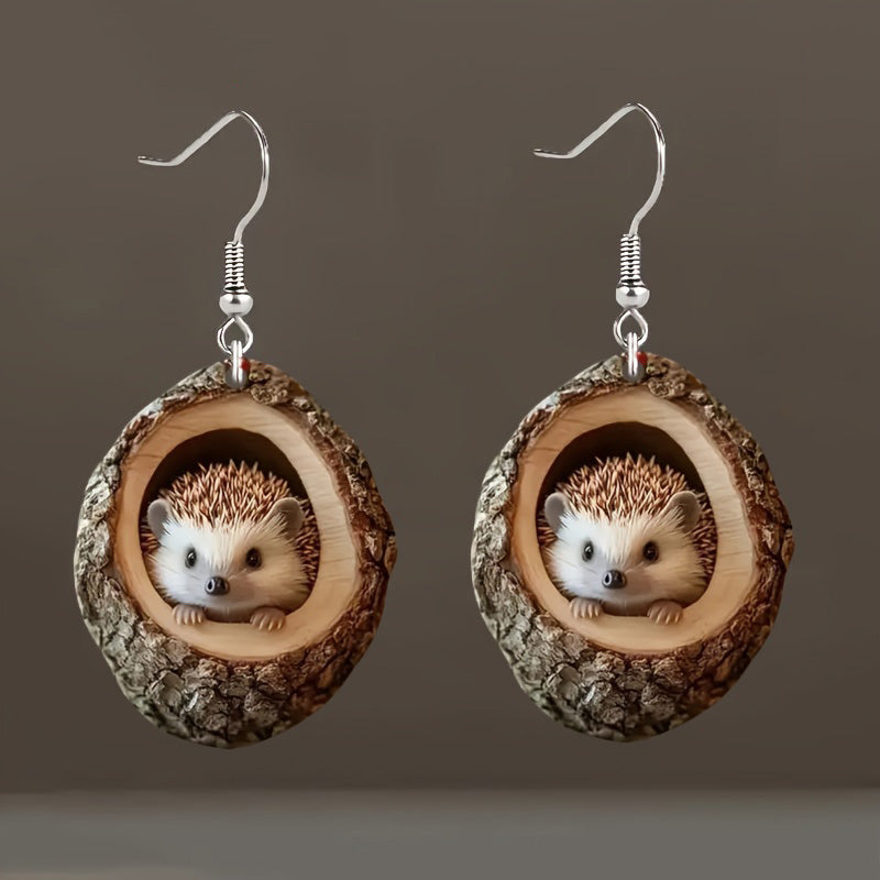 A Cute Hedgehog Peeking Out of a Tree Hole Acrylic Earrings