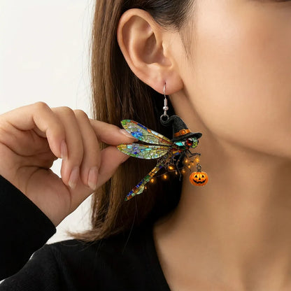 Dragonfly Witch Hat Pumpkin String Lights Halloween Earrings