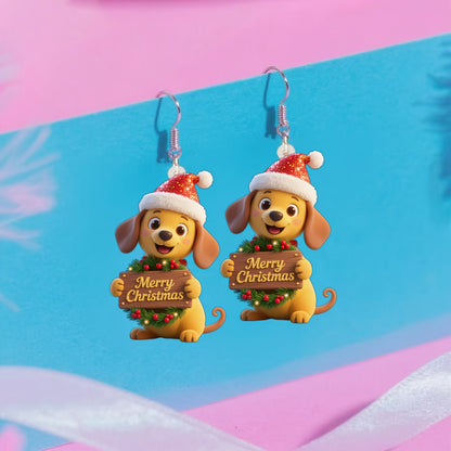 Christmas Cute Dog With Merry Christmas  Earrings