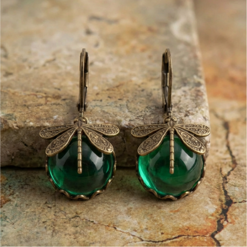 Spherical Dragonfly Earrings in Antique Gold