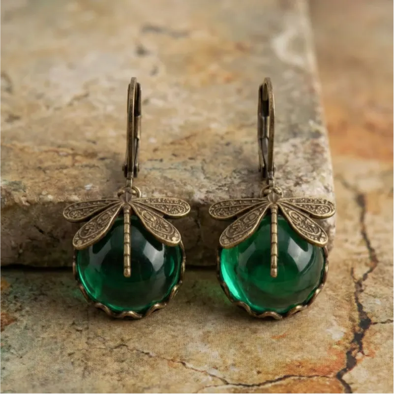 Spherical Dragonfly Earrings in Antique Gold