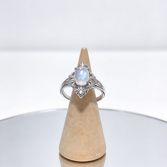 Vintage Filigree Moonstone Adjustable Ring, S925 Healing Gemstone Ring