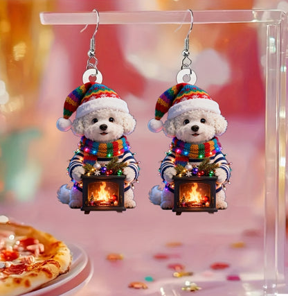 Christmas Teddy Dog Fireplace Earrings