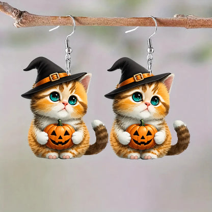 Orange Cat Holding Pumpkin Halloween Earrings