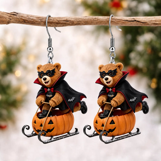 Vampire Bear Pumpkin Sled Halloween Earrings