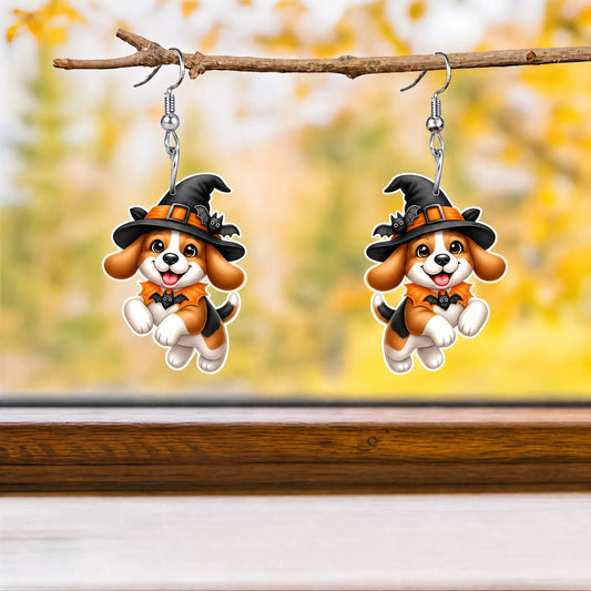 Halloween Witch Beagle Dog Bat Costume Hook Earrings