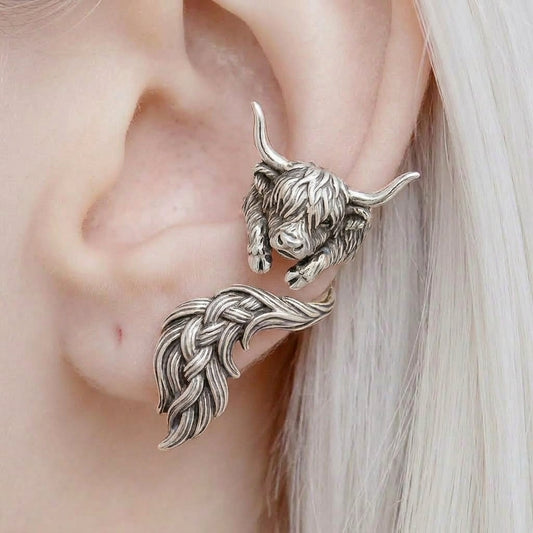S925 Vintage 3D Highland Cow Ear Cuff – Non-Pierced Wrap Earring
