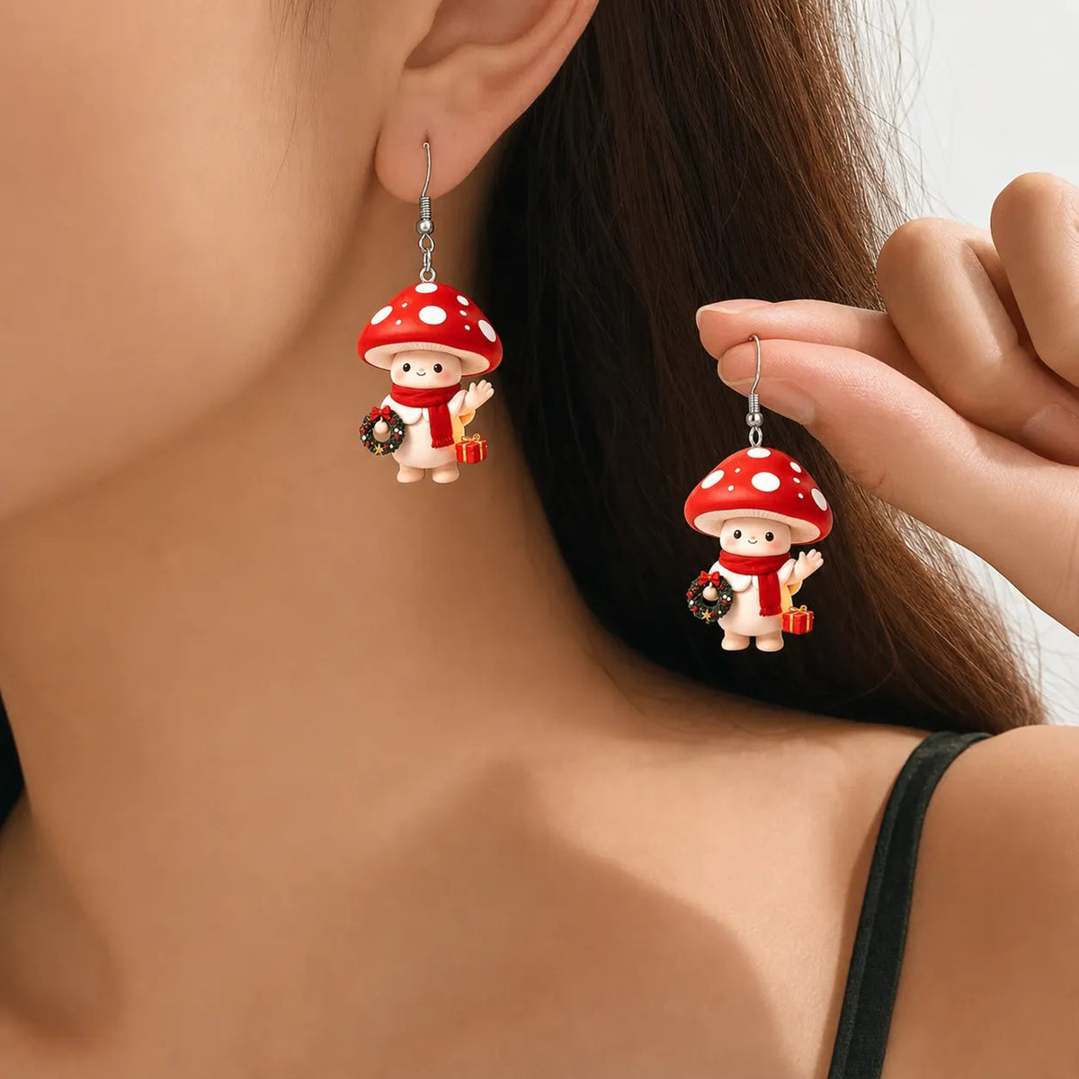 Christmas Mushroom Character Dangle Earrings