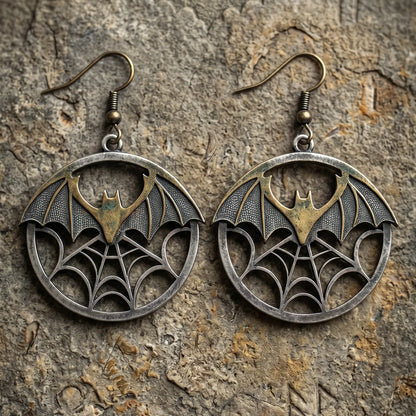 Vintage Bat & Spider Web Two-Tone Halloween Earrings