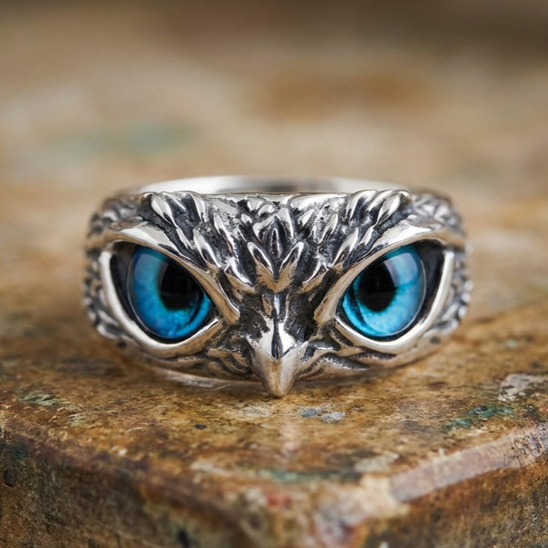 Owl of Good Luck Adjustable Ring in Silver and Opal