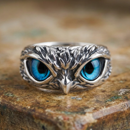 Owl of Good Luck Adjustable Ring in Silver and Opal