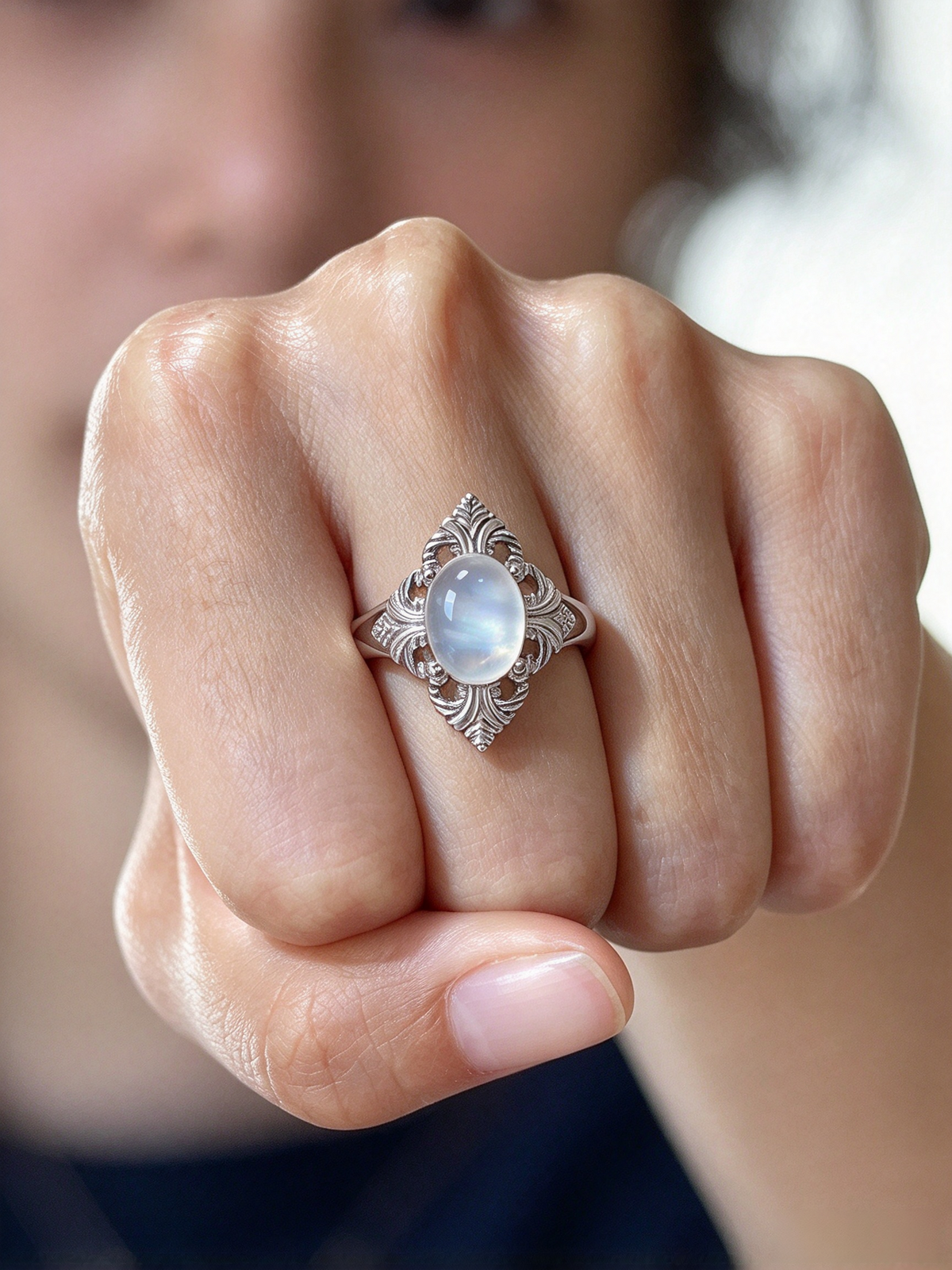 Vintage Filigree Moonstone Adjustable Ring, S925 Healing Gemstone Ring